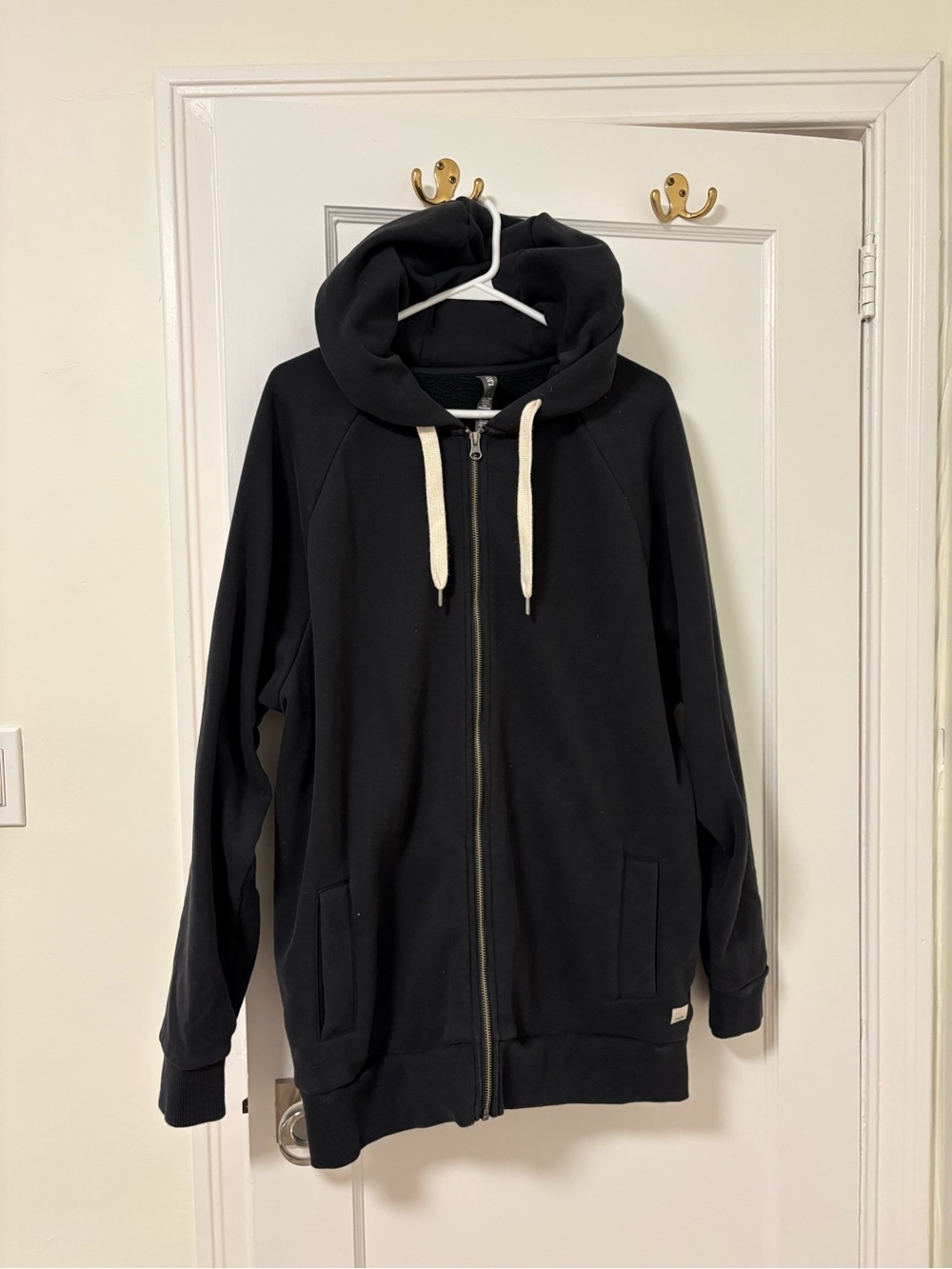 Vuori Black Full-Zip Hoodie with Cream Drawstrings